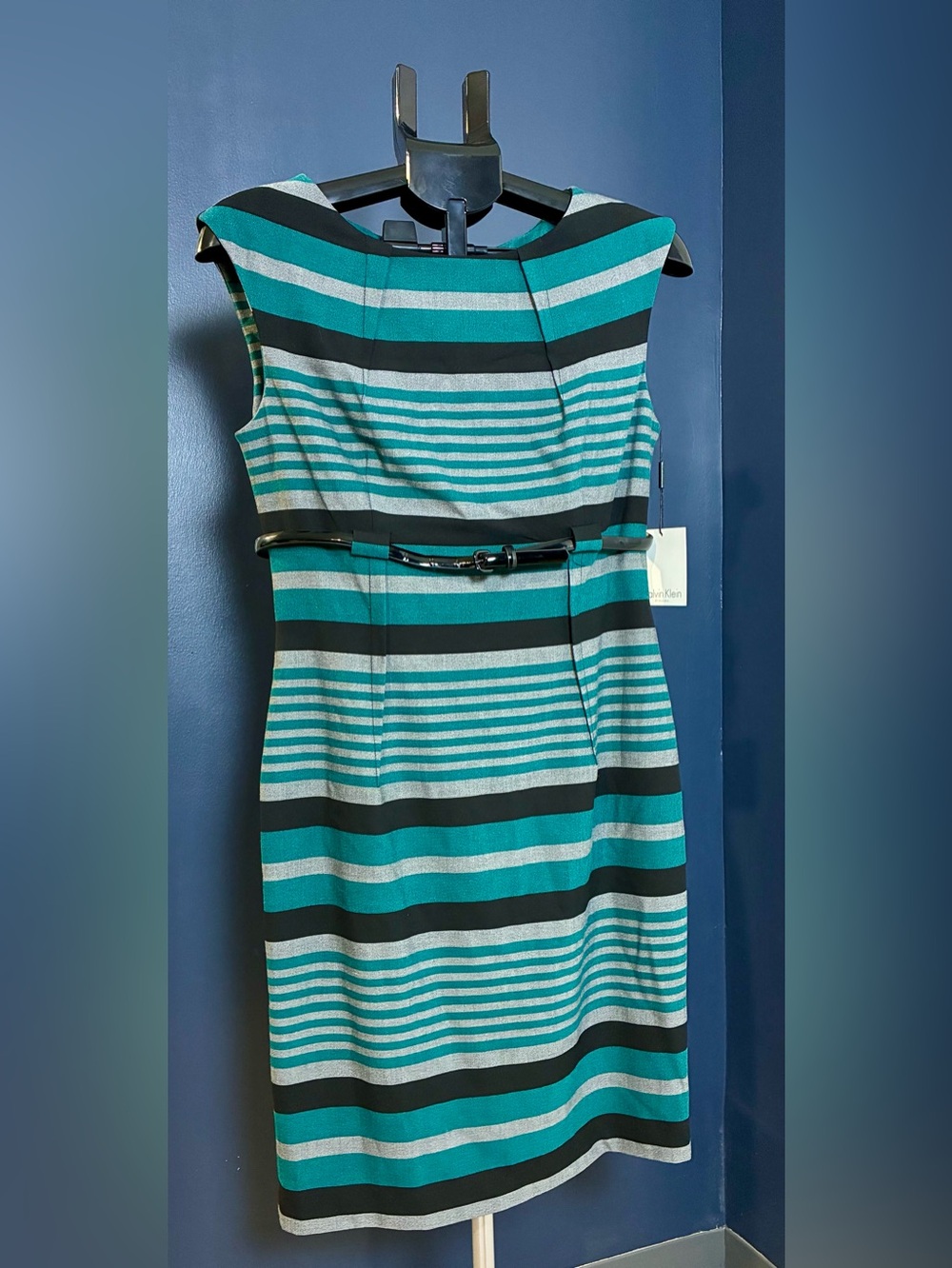 Calvin Klein Teal, Black and Silver Striped Sheath Dress with Belt